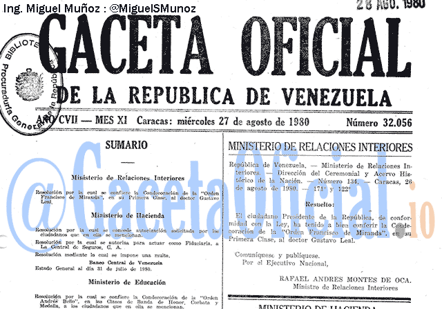 Gaceta Oficial 32056 del 27 Agosto 1980