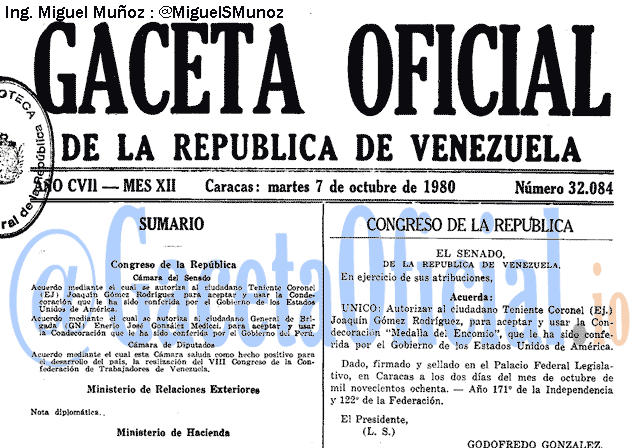Gaceta Oficial 32084 del 7 Octubre 1980