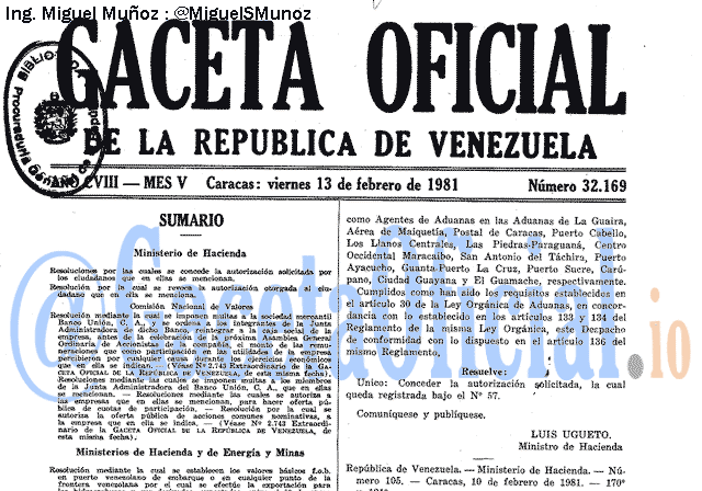 Gaceta Oficial 32169 del 13 Febrero 1981