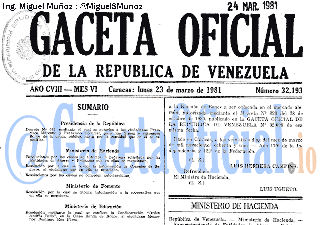Gaceta Oficial 32193 del 23 Marzo 1981