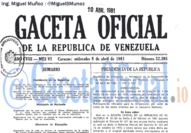 Gaceta Oficial 32205 del 8 Abril 1981
