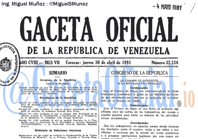 Gaceta Oficial 32218 del 30 Abril 1981