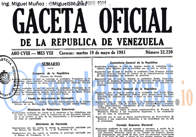 Gaceta Oficial 32230 del 19 Mayo 1981