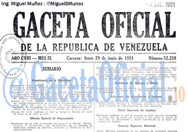 Gaceta Oficial 32258 del 29 Junio 1981