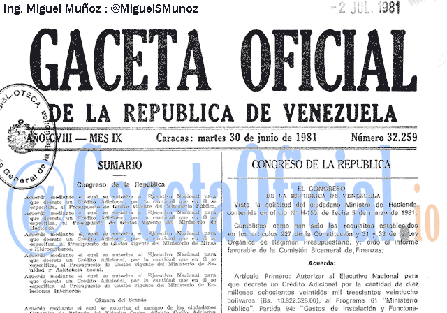 Gaceta Oficial 32259 del 30 Junio 1981