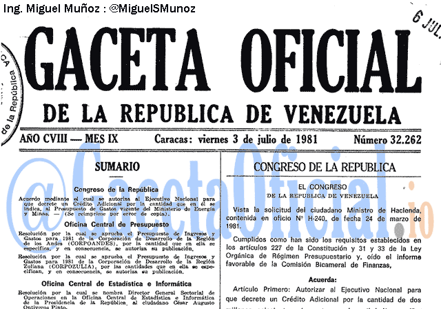 Gaceta Oficial 32262 del 3 Julio 1981