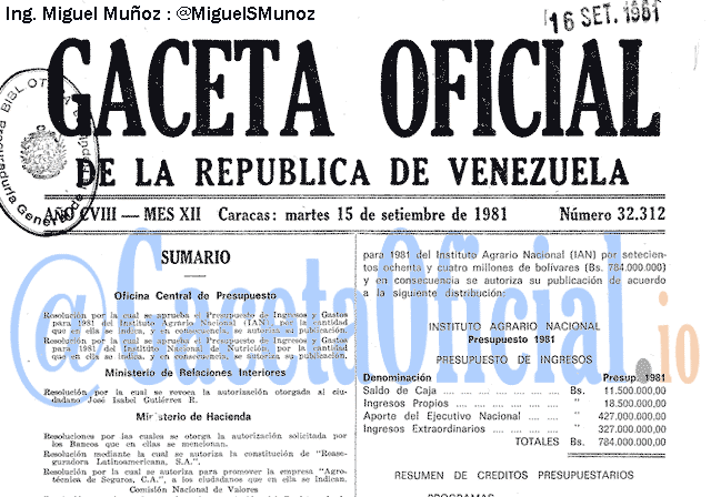 Gaceta Oficial 32312 del 15 Septiembre 1981