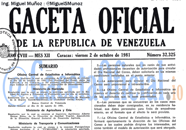 Gaceta Oficial 32325 del 2 Octubre 1981
