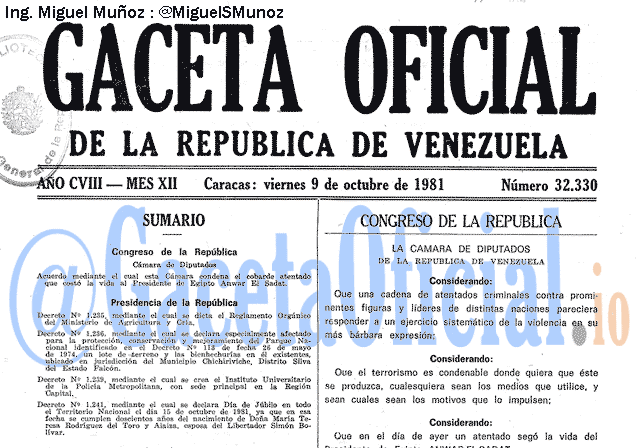 Gaceta Oficial 32330 del 9 Octubre 1981