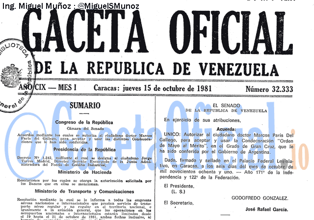 Gaceta Oficial 32333 del 15 Octubre 1981