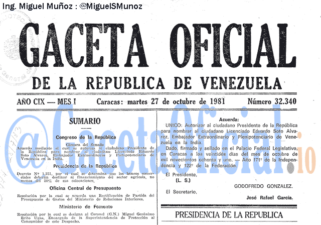 Gaceta Oficial 32340 del 27 Octubre 1981