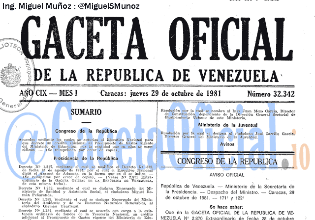 Gaceta Oficial 32342 del 29 Octubre 1981