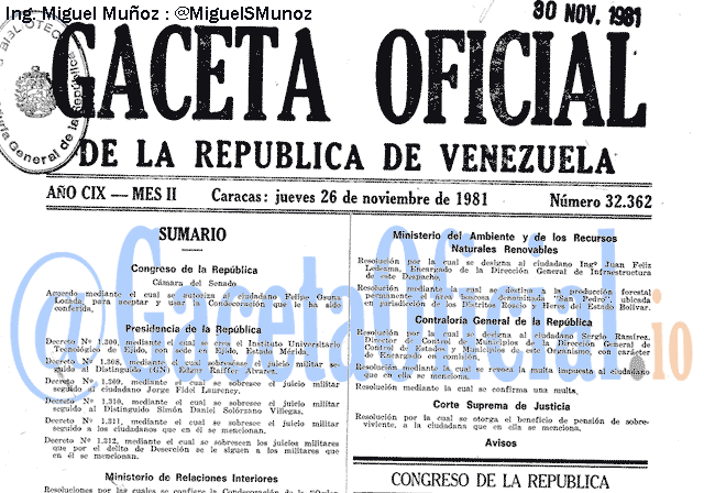 Gaceta Oficial 32362 del 26 Noviembre 1981