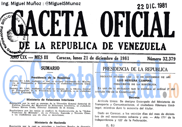 Gaceta Oficial 32379 del 21 Diciembre 1981