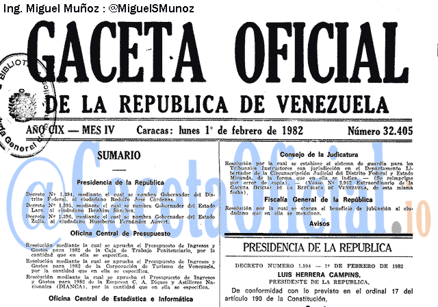 Gaceta Oficial 32405 del 1 Febrero 1982