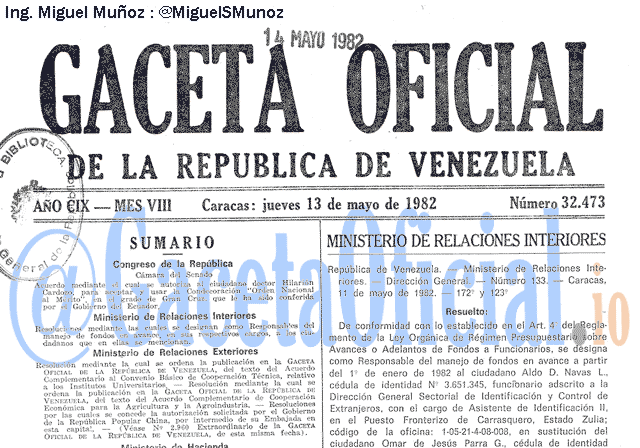 Gaceta Oficial 32473 del 13 Mayo 1982