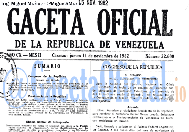 Gaceta Oficial 32600 del 11 Noviembre 1982