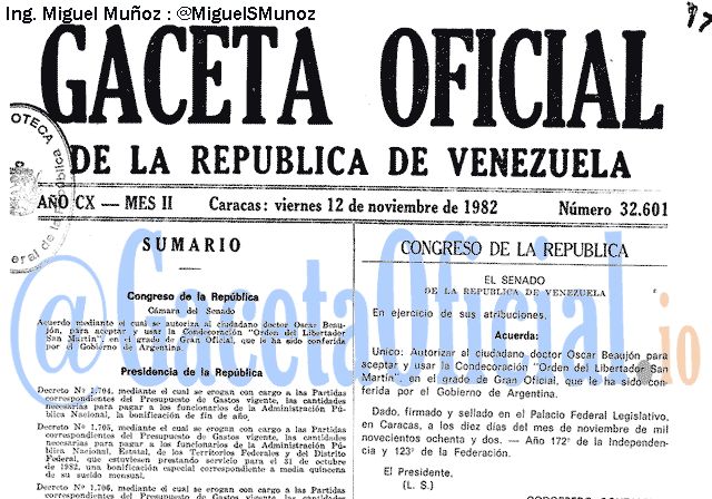 Gaceta Oficial 32601 del 12 Noviembre 1982