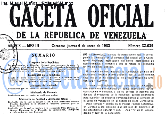 Gaceta Oficial 32639 del 6 Enero 1983