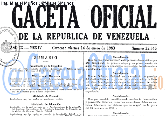 Gaceta Oficial 32645 del 14 Enero 1983