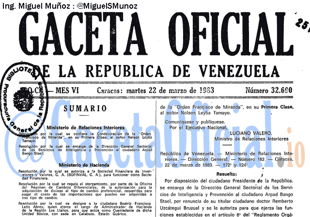 Gaceta Oficial 32690 del 22 Marzo 1983