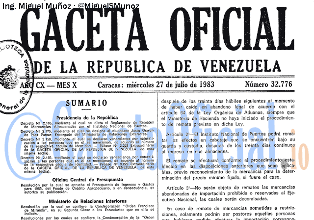 Gaceta Oficial 32776 del 27 Julio 1983