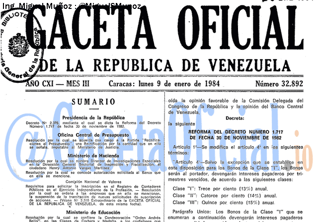 Gaceta Oficial 32892 del 9 Enero 1984