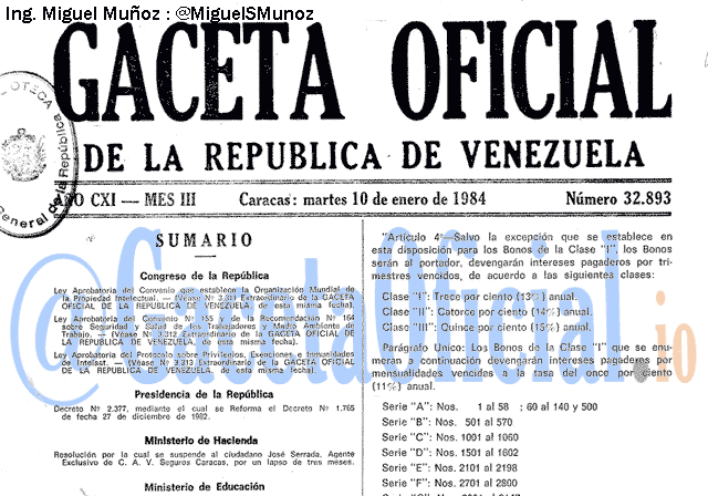 Gaceta Oficial 32893 del 10 Enero 1984