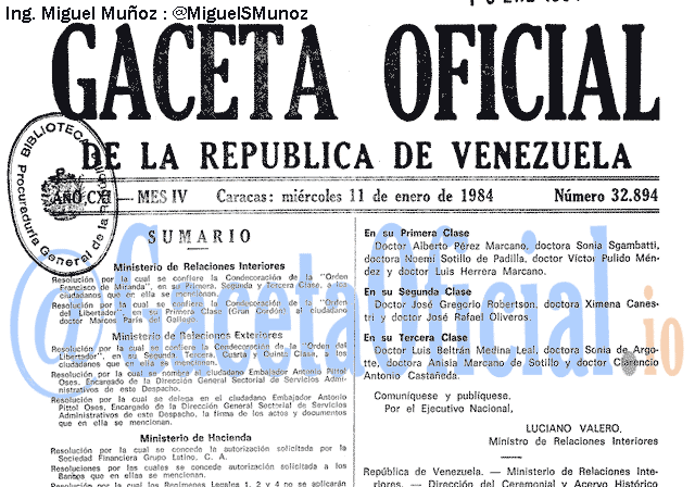 Gaceta Oficial 32894 del 11 Enero 1984