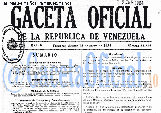 Gaceta Oficial 32896 del 13 Enero 1984