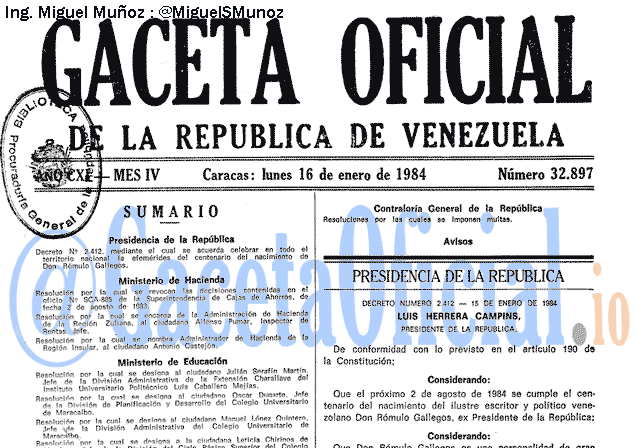 Gaceta Oficial 32897 del 16 Enero 1984