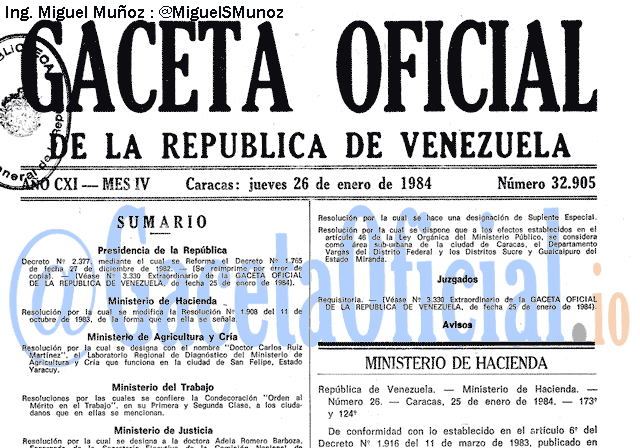 Gaceta Oficial 32905 del 26 Enero 1984