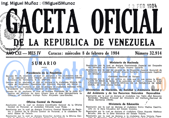 Gaceta Oficial 32914 del 8 Febrero 1984