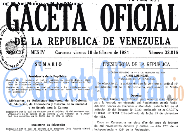 Gaceta Oficial 32916 del 10 Febrero 1984