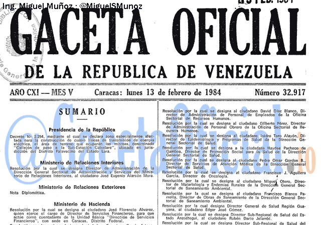 Gaceta Oficial 32917 del 13 Febrero 1984