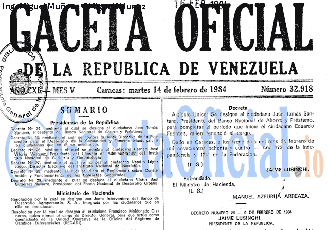 Gaceta Oficial 32918 del 14 Febrero 1984