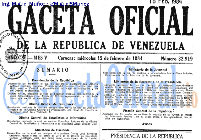Gaceta Oficial 32919 del 15 Febrero 1984