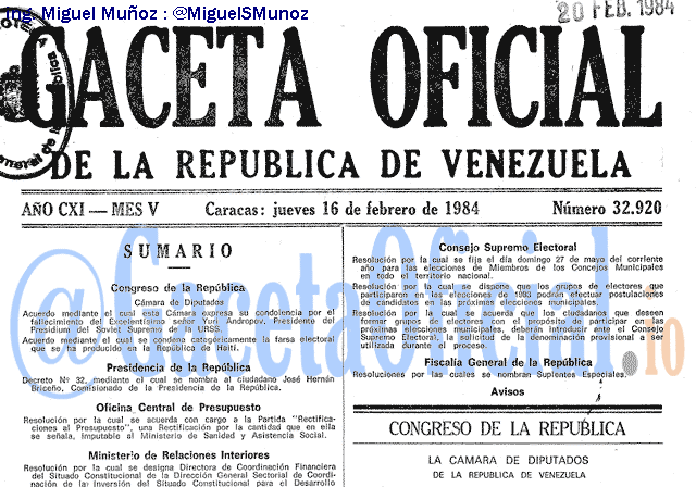 Gaceta Oficial 32920 del 16 Febrero 1984