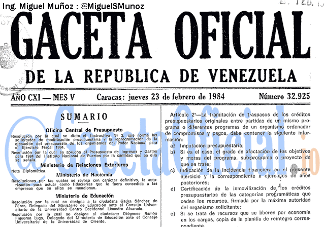 Gaceta Oficial 32925 del 23 Febrero 1984