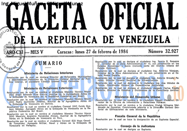 Gaceta Oficial 32927 del 27 Febrero 1984