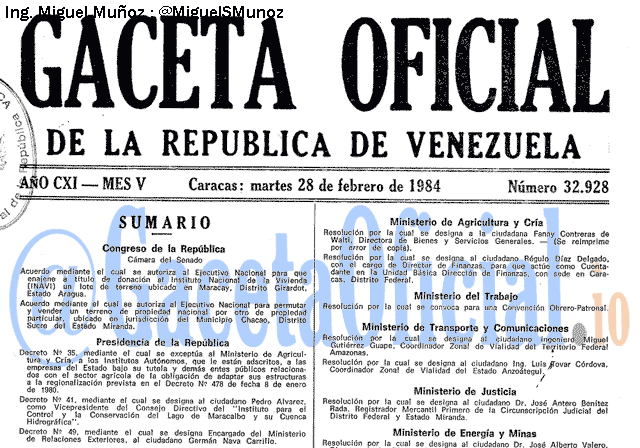 Gaceta Oficial 32928 del 28 Febrero 1984