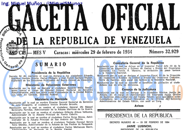 Gaceta Oficial 32929 del 29 Febrero 1984