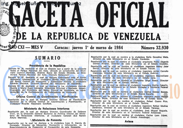 Gaceta Oficial 32930 del 1 Marzo 1984