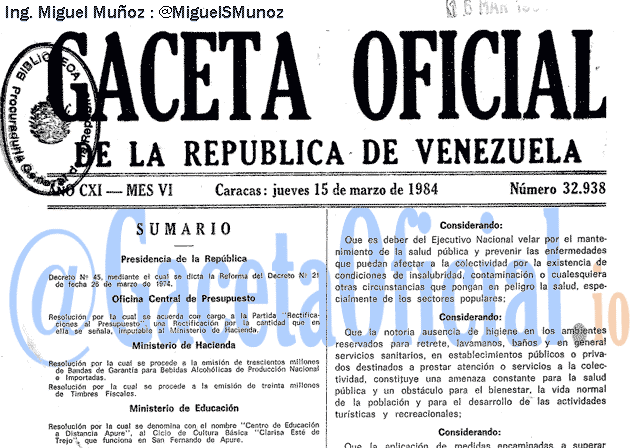 Gaceta Oficial 32938 del 15 Marzo 1984