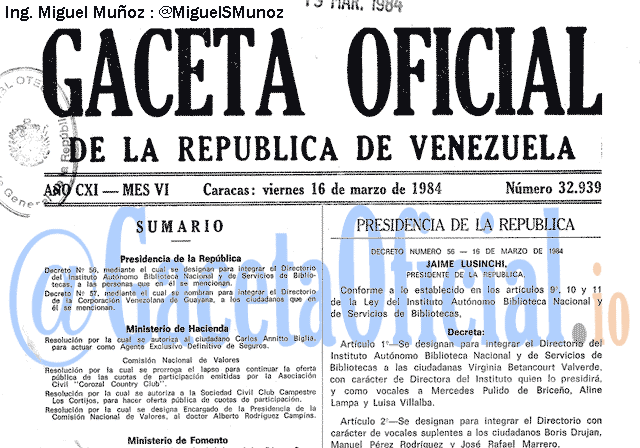 Gaceta Oficial 32939 del 16 Marzo 1984