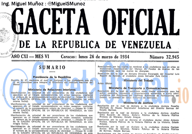 Gaceta Oficial 32945 del 26 Marzo 1984