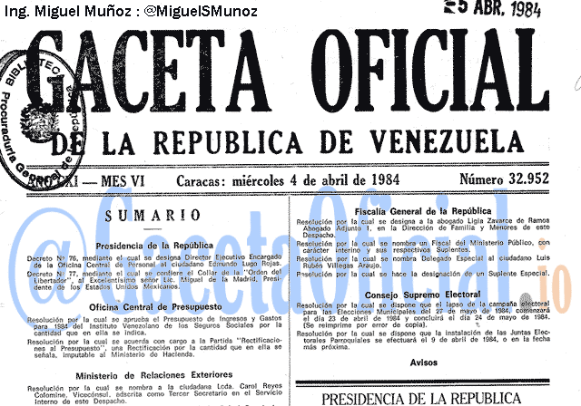 Gaceta Oficial 32952 del 4 Abril 1984