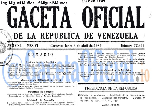 Gaceta Oficial 32955 del 9 Abril 1984