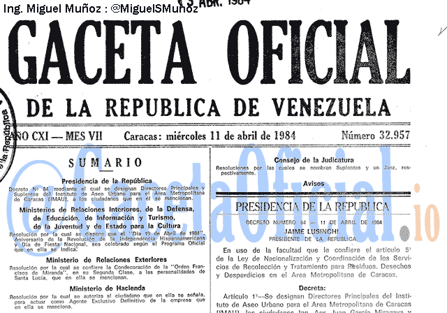 Gaceta Oficial 32957 del 11 Abril 1984