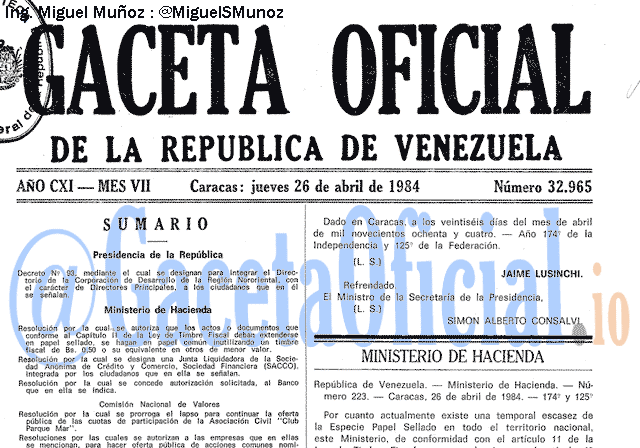 Gaceta Oficial 32965 del 26 Abril 1984